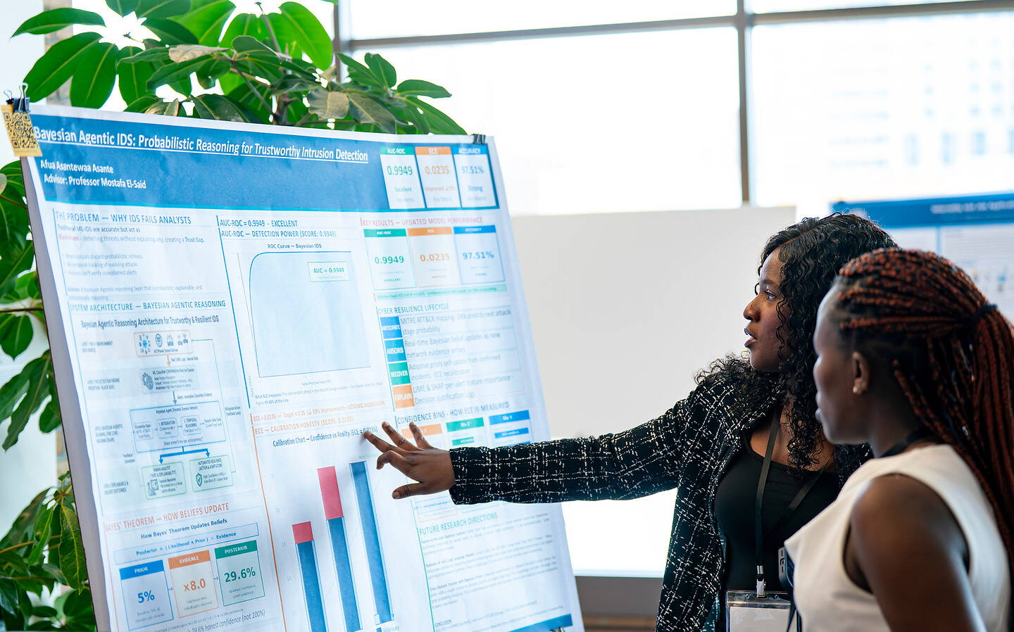 Two individuals engage with a research poster on Bayesian agent-based intrusion detection, pointing to key metrics and diagrams.